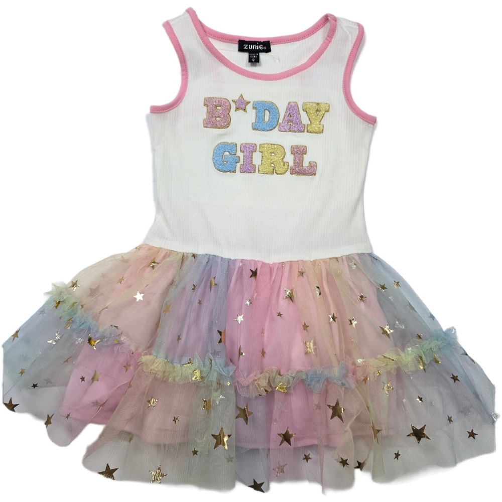 Zunie‎ Girl's Size 3 Birthday Tutu Dress Pastel Rainbow Tulle w/Gold Stars
